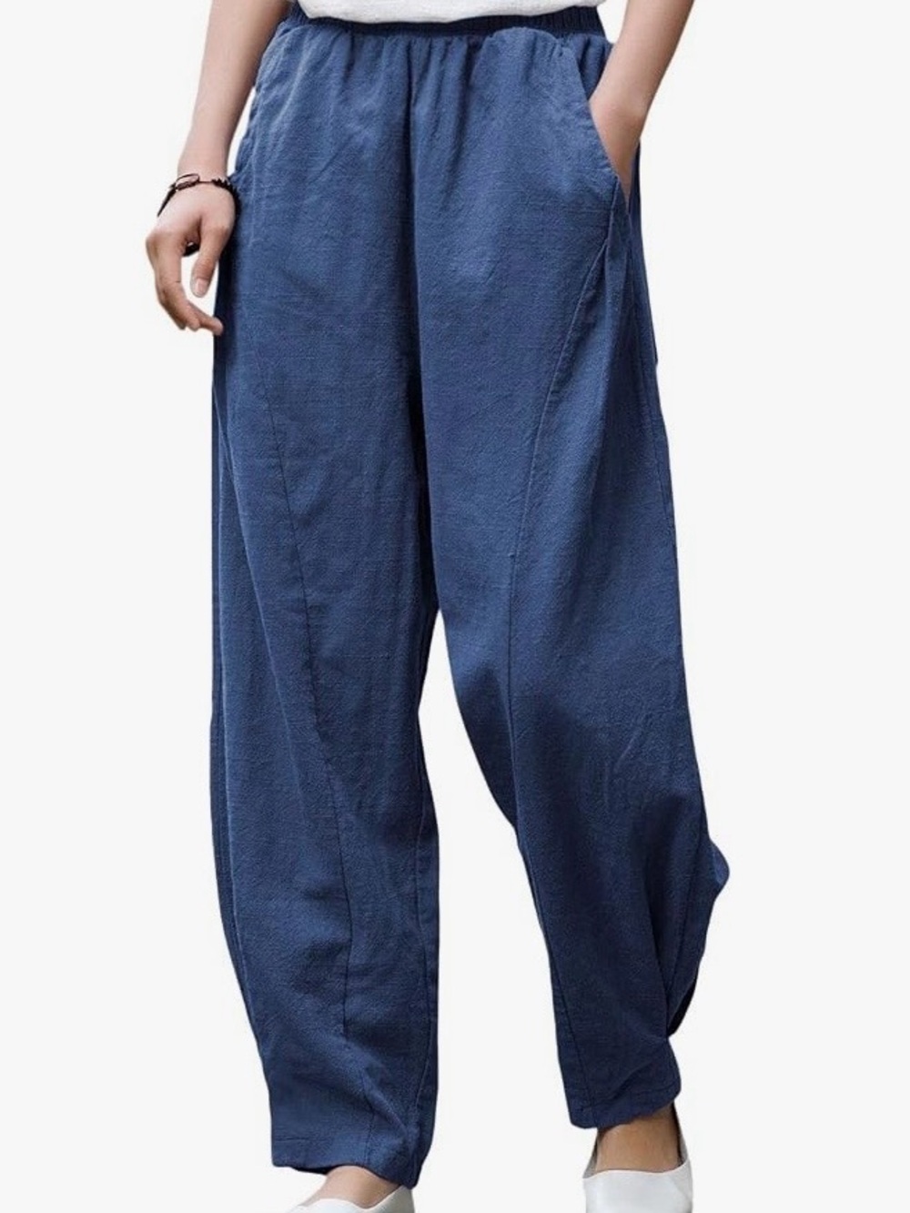 Dark teal/navy linen lantern pants.